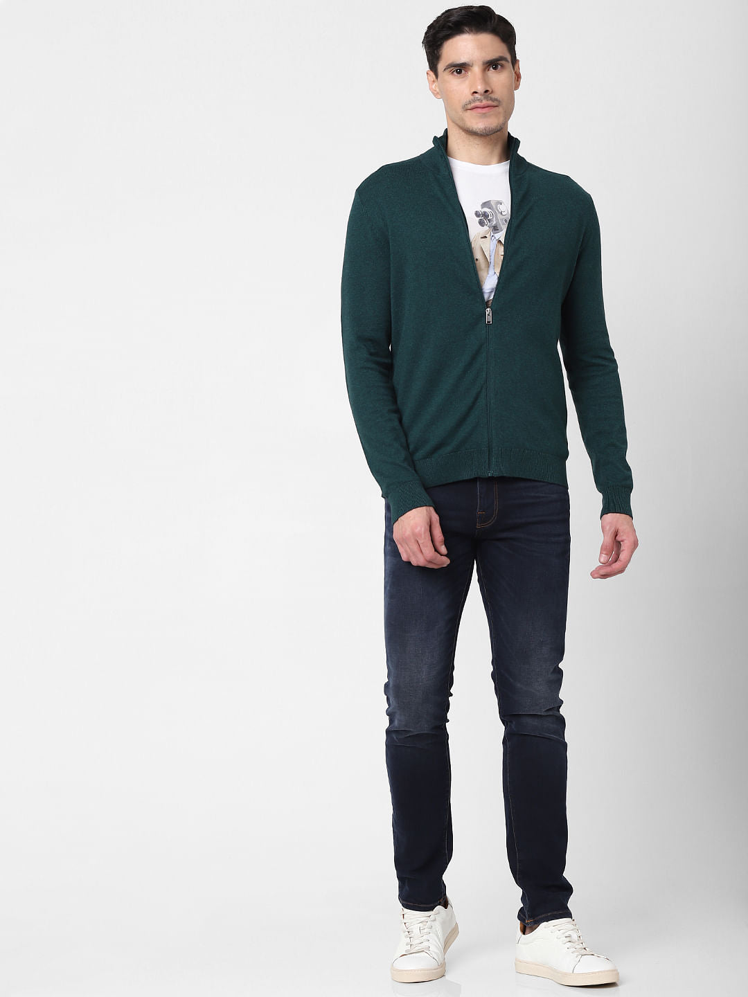 Green Front Zip Open Cardigan