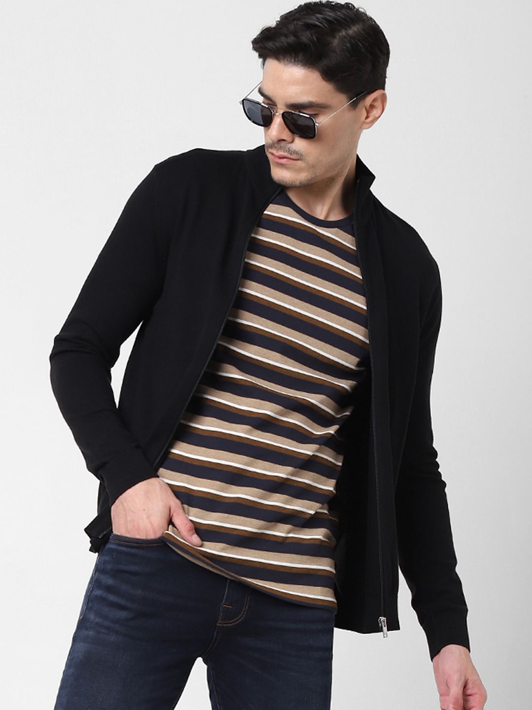 Black Front Zip Open Cardigan