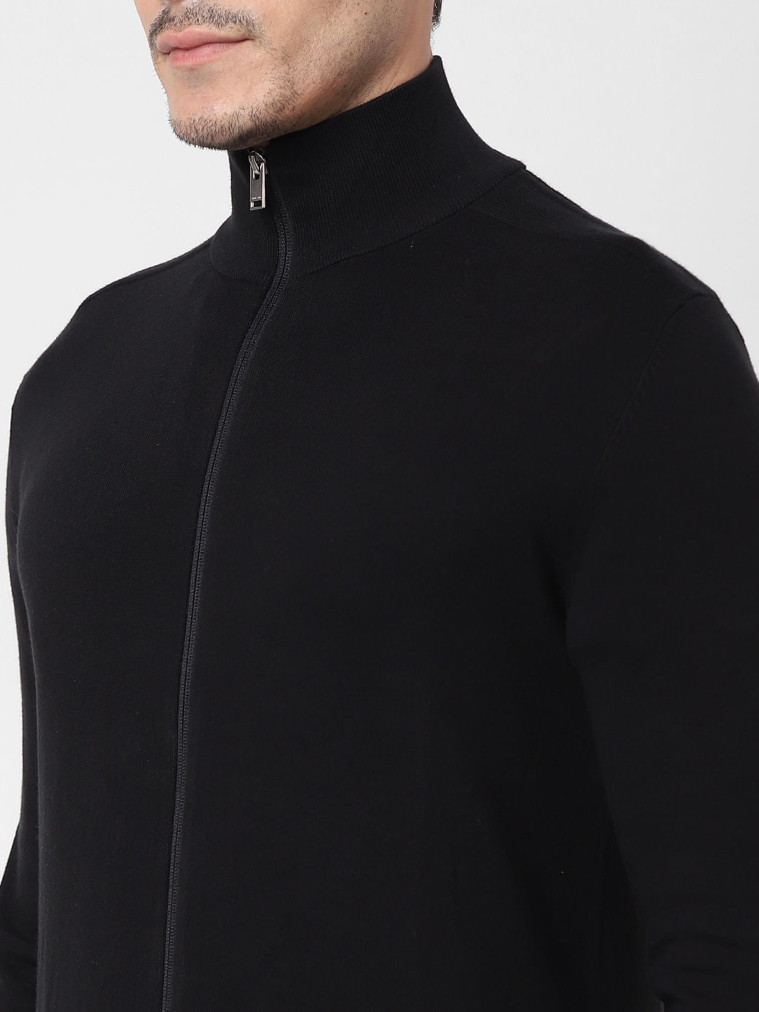 Black Front Zip Open Cardigan