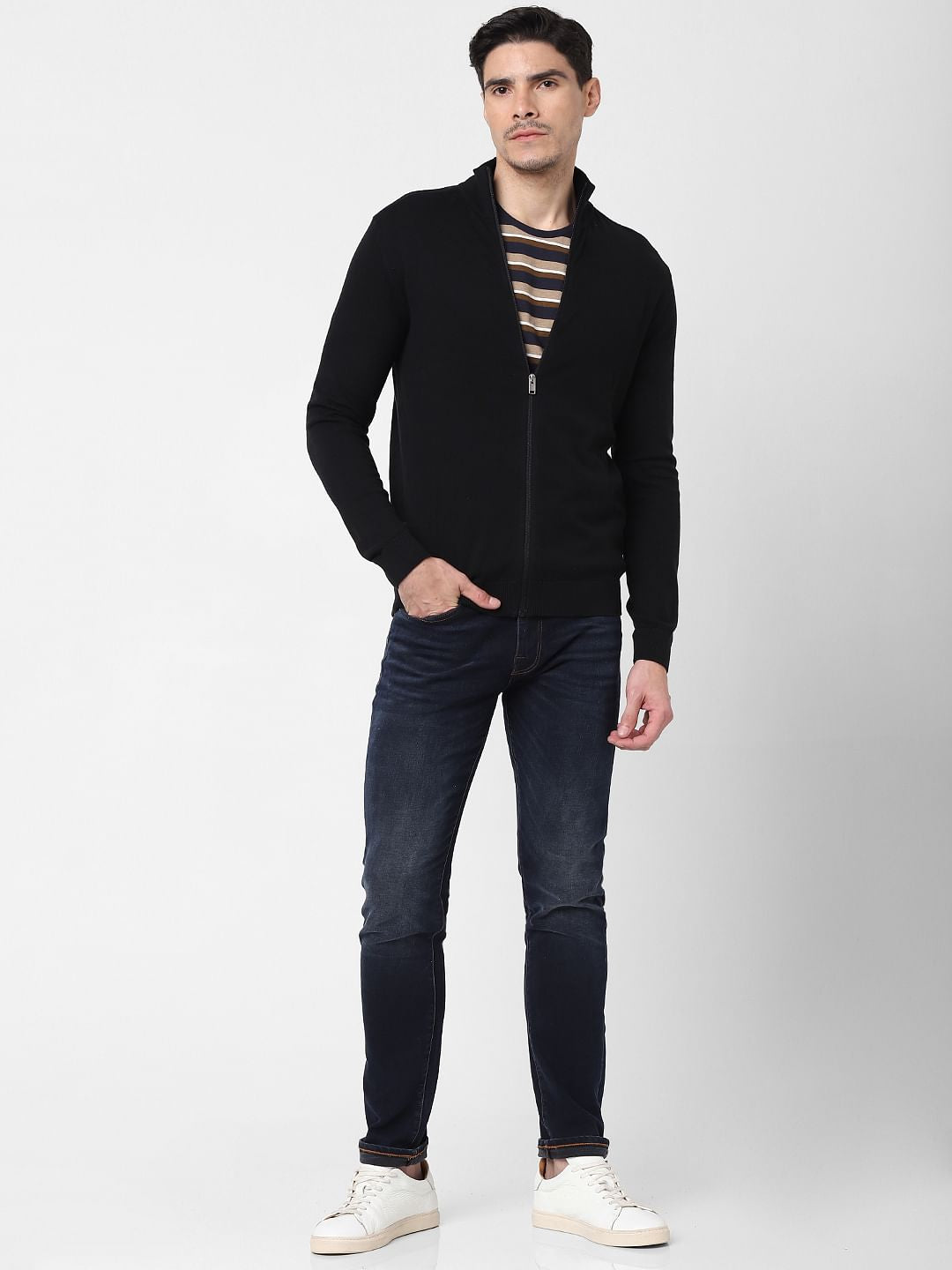 Black Front Zip Open Cardigan
