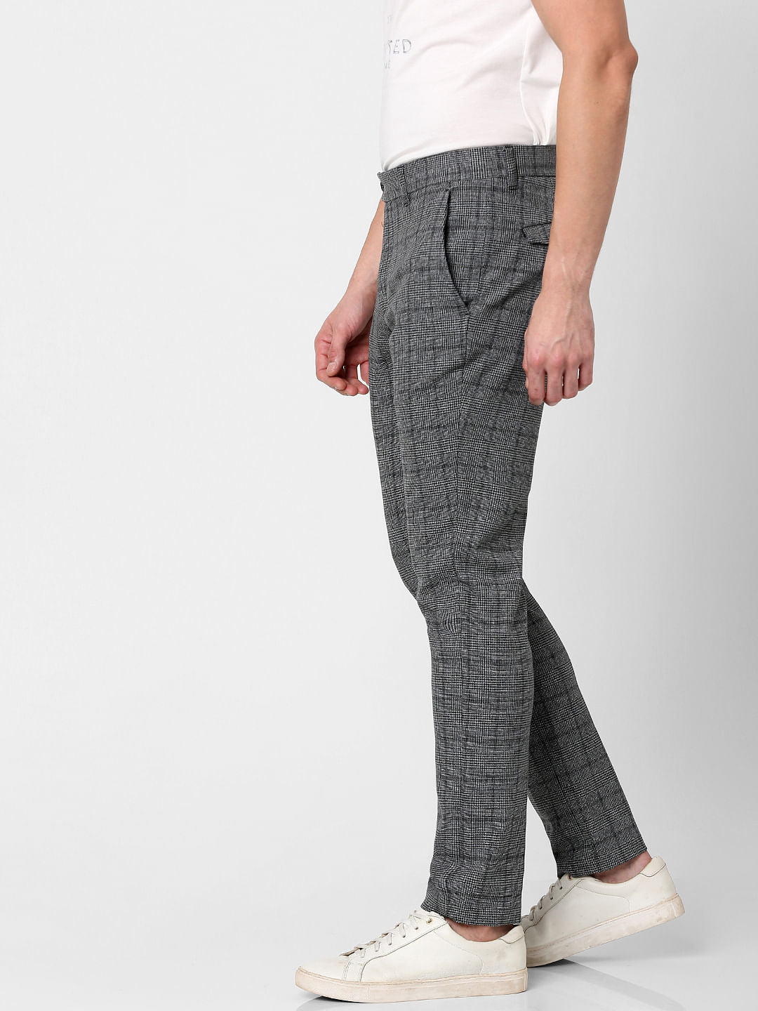 Grey Mid Rise Check Print Pants