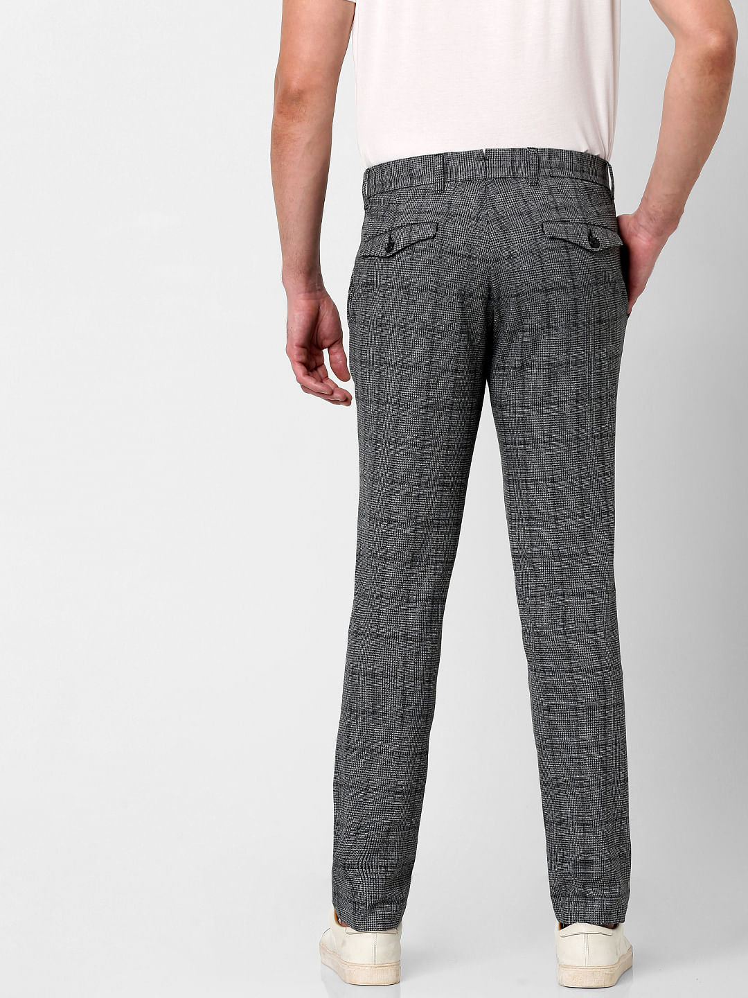Grey Mid Rise Check Print Pants