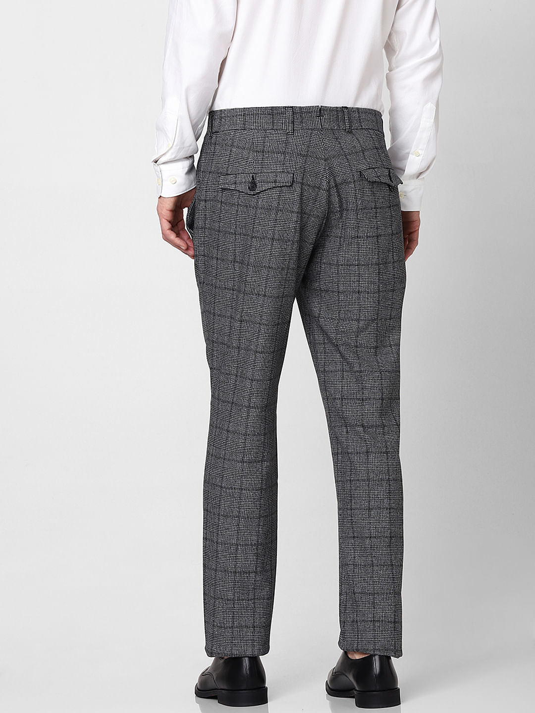 Grey Mid Rise Check Trousers