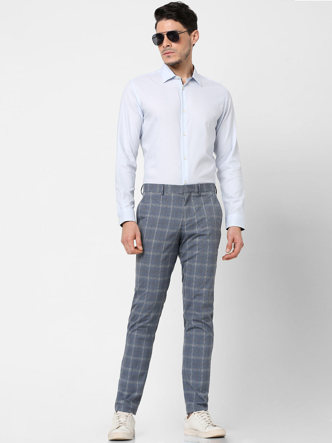 Blue Mid Rise Check Print Trousers