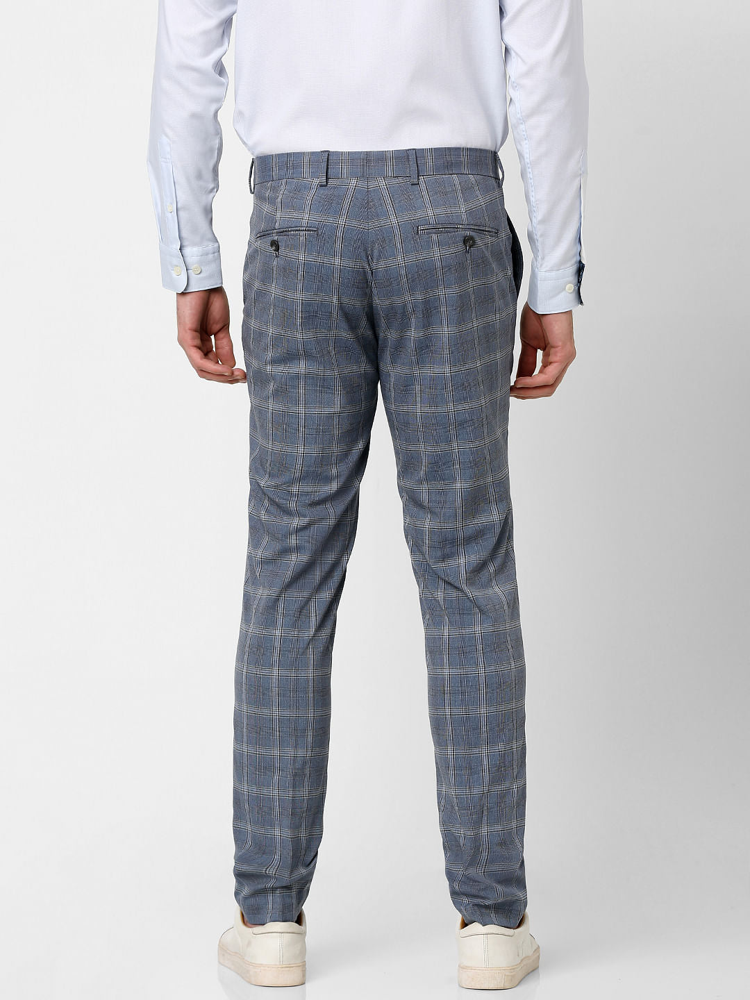 Blue Mid Rise Check Print Trousers
