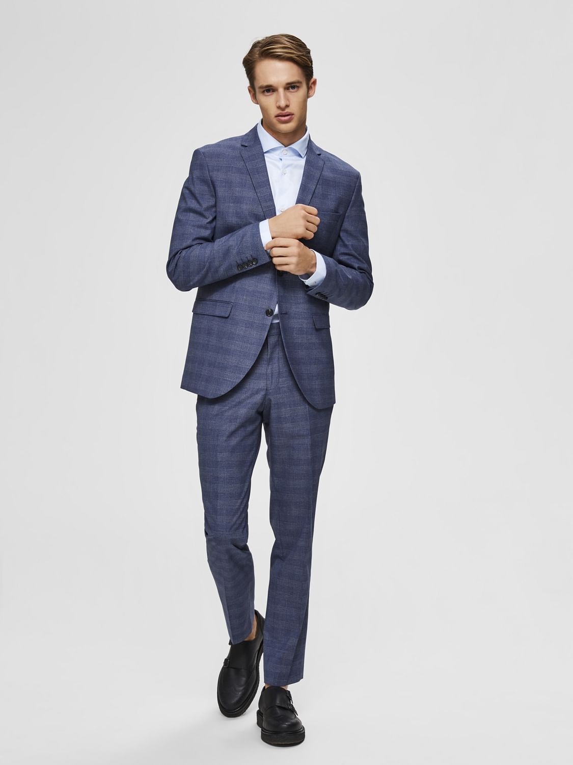 Blue Mid Rise Check Slim Fit Trousers