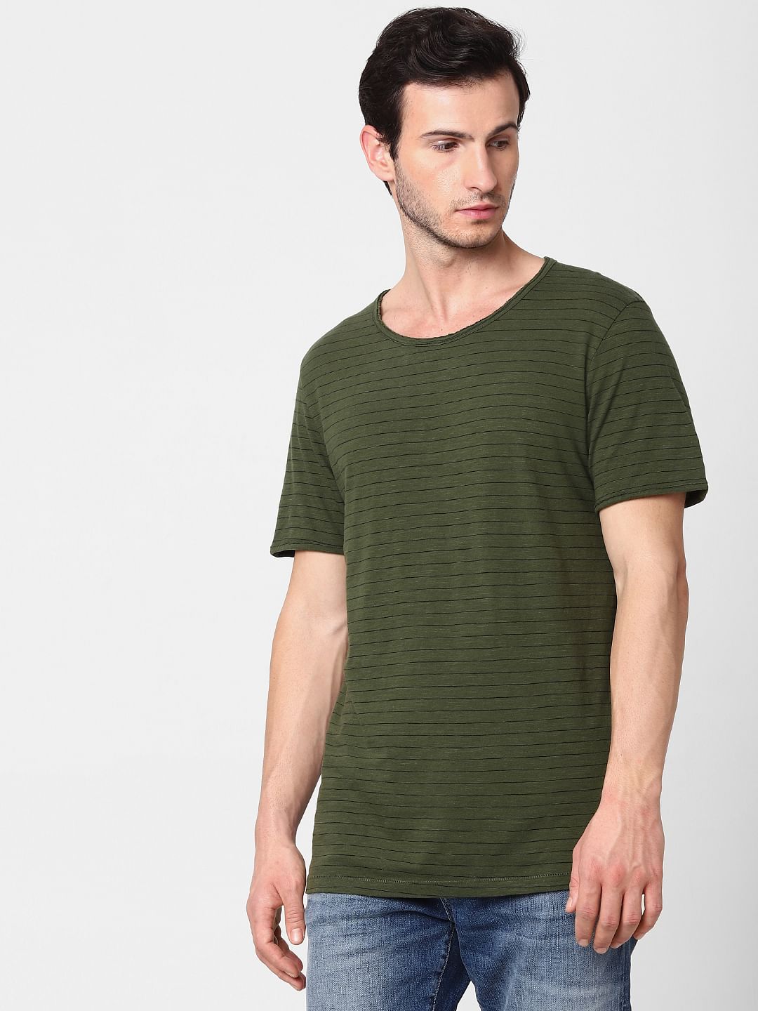 Olive Green Striped Crew Neck T-Shirt