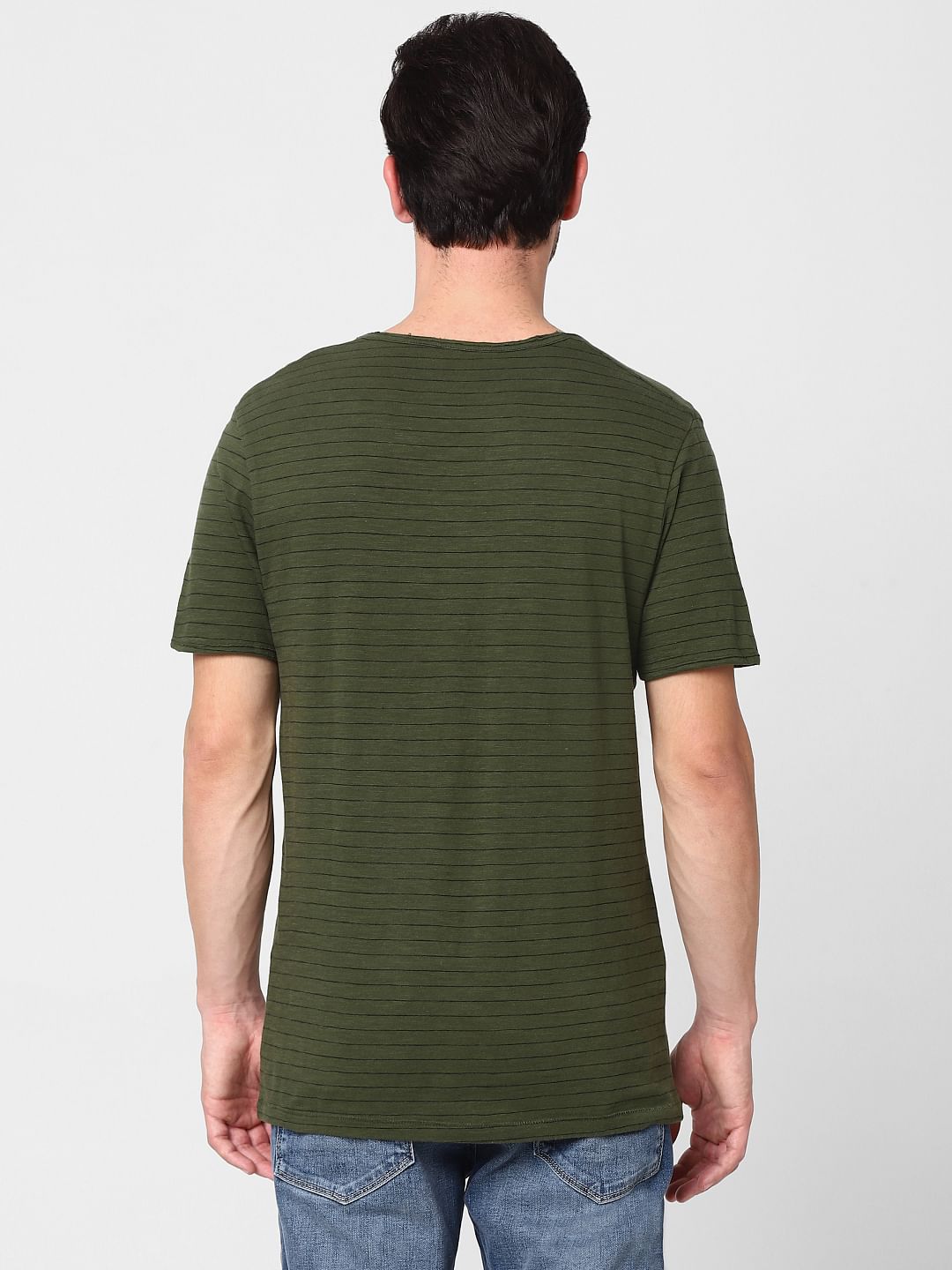Olive Green Striped Crew Neck T-Shirt