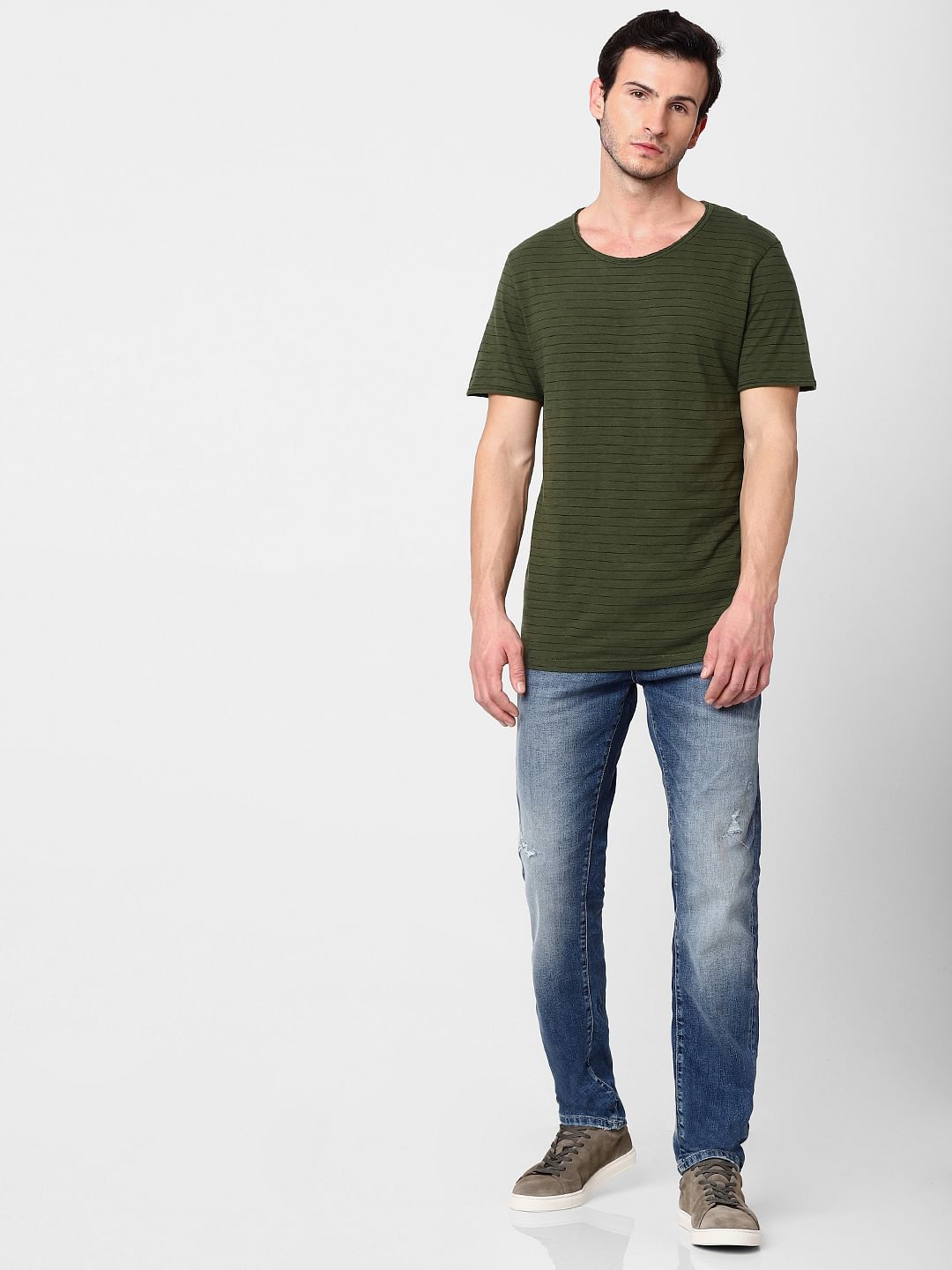 Olive Green Striped Crew Neck T-Shirt