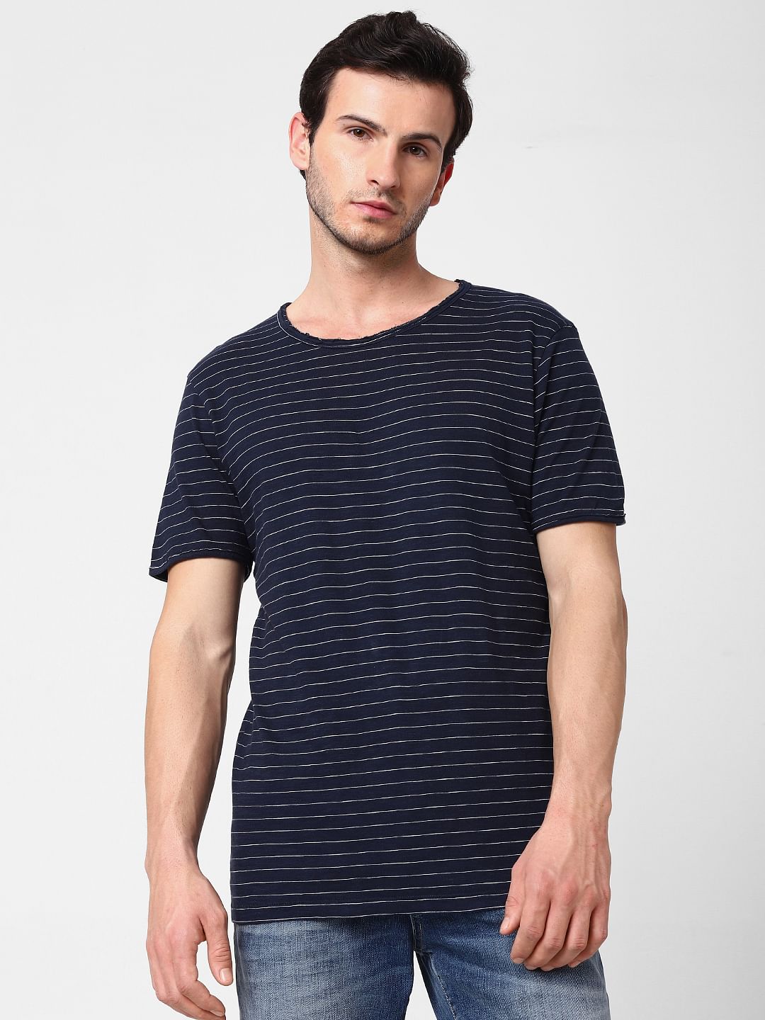 Navy Blue Striped Crew Neck T-Shirt