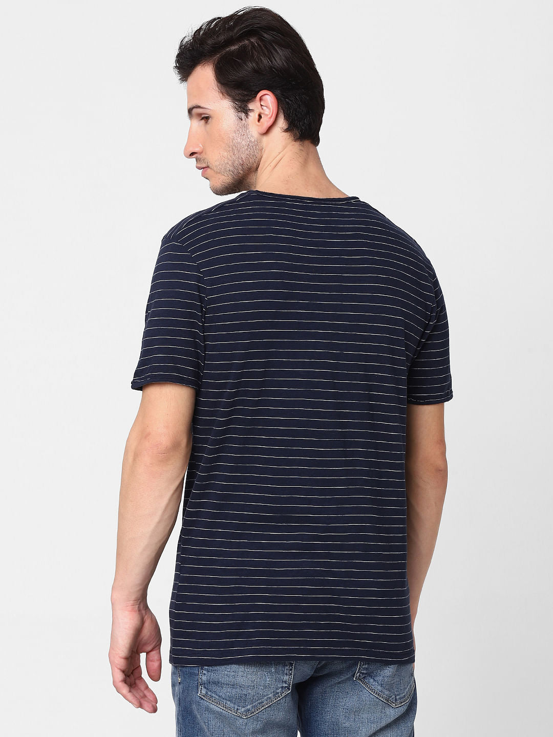 Navy Blue Striped Crew Neck T-Shirt