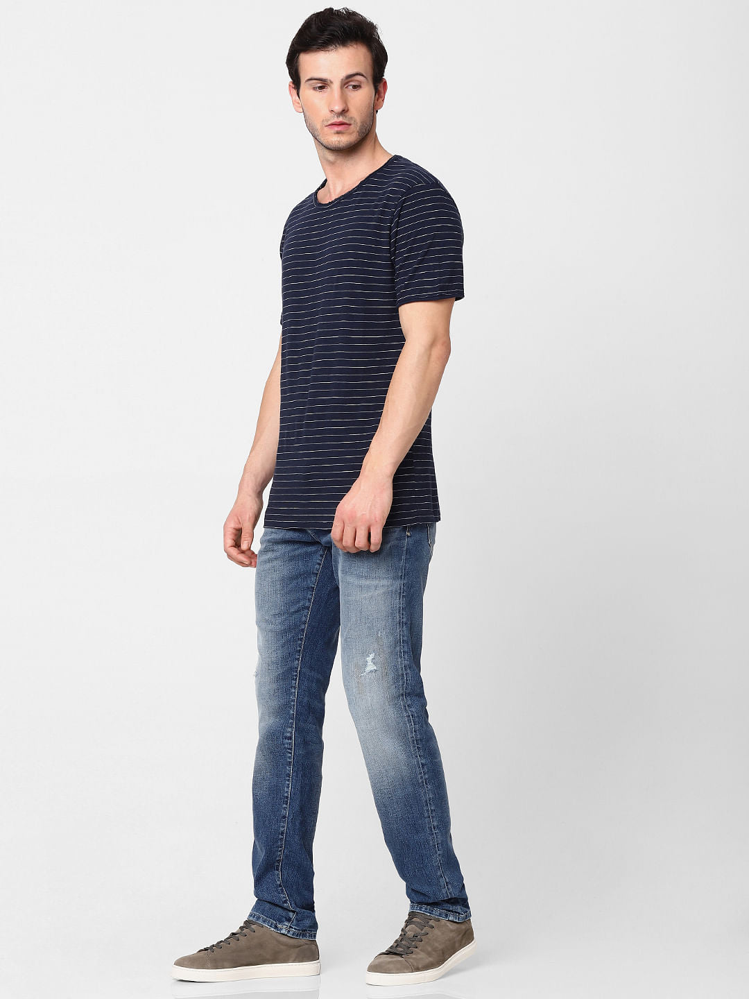 Navy Blue Striped Crew Neck T-Shirt
