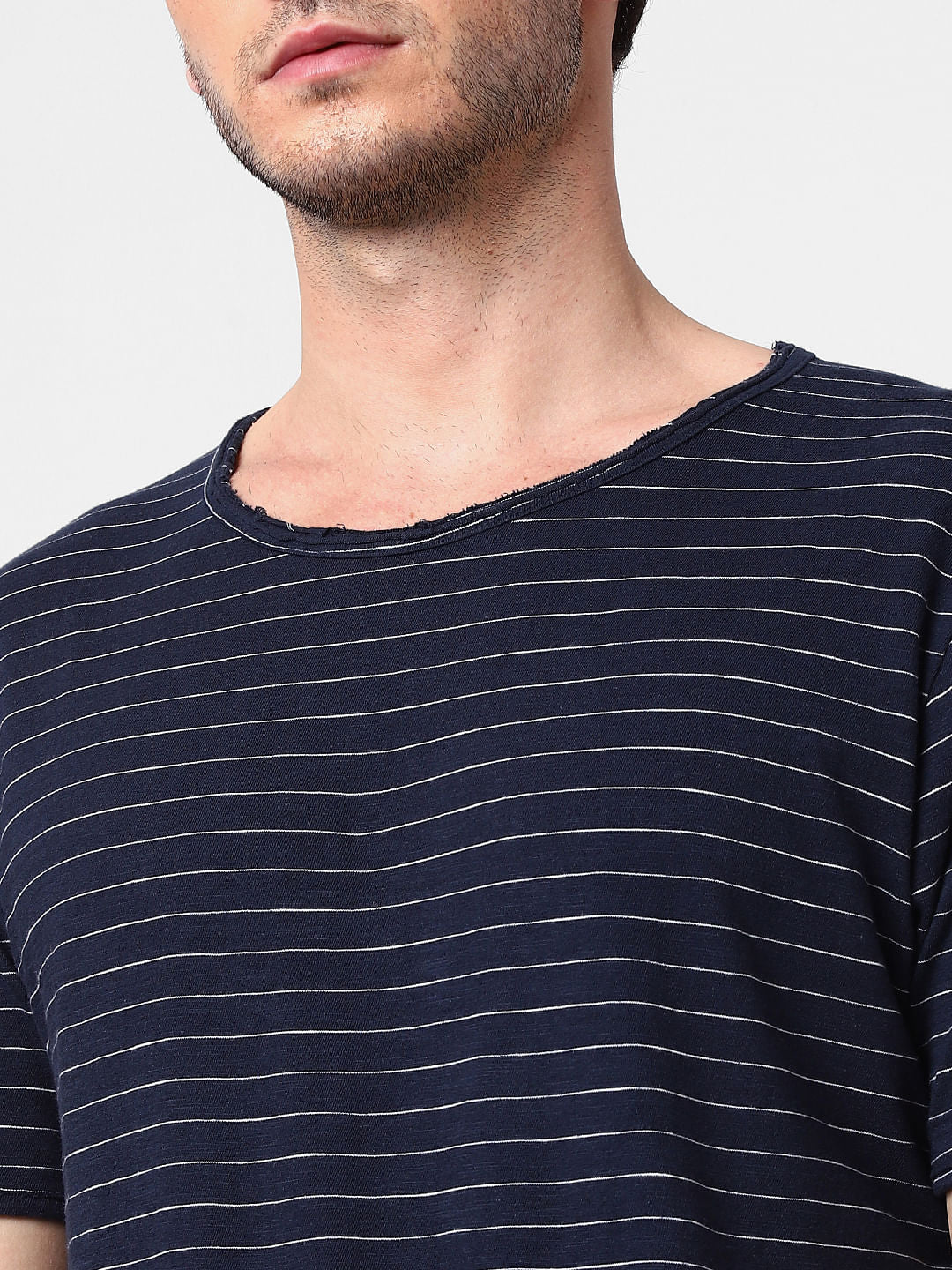 Navy Blue Striped Crew Neck T-Shirt