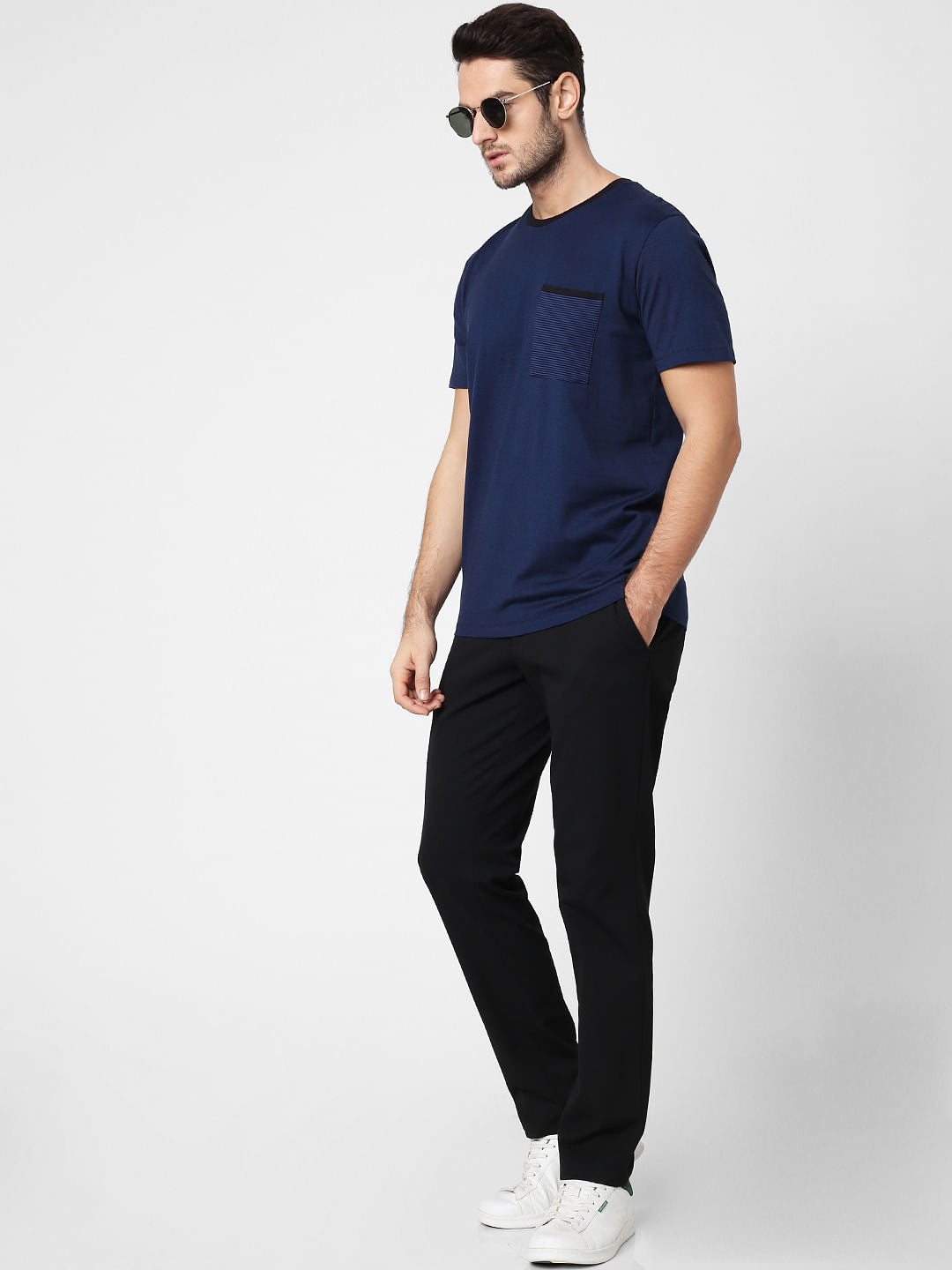 Blue Printed Pocket Crew Neck T-Shirt