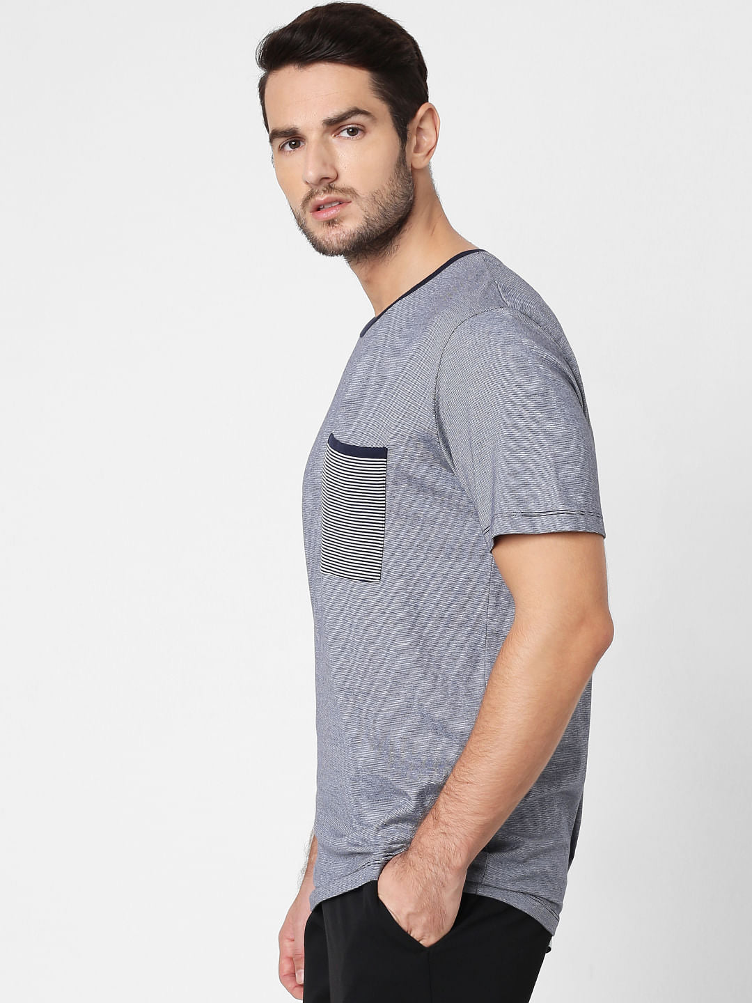 Grey Printed Pocket Crew Neck T-Shirt