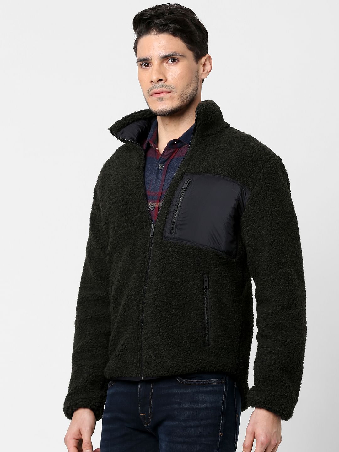 Dark Green High Neck Teddy Jacket