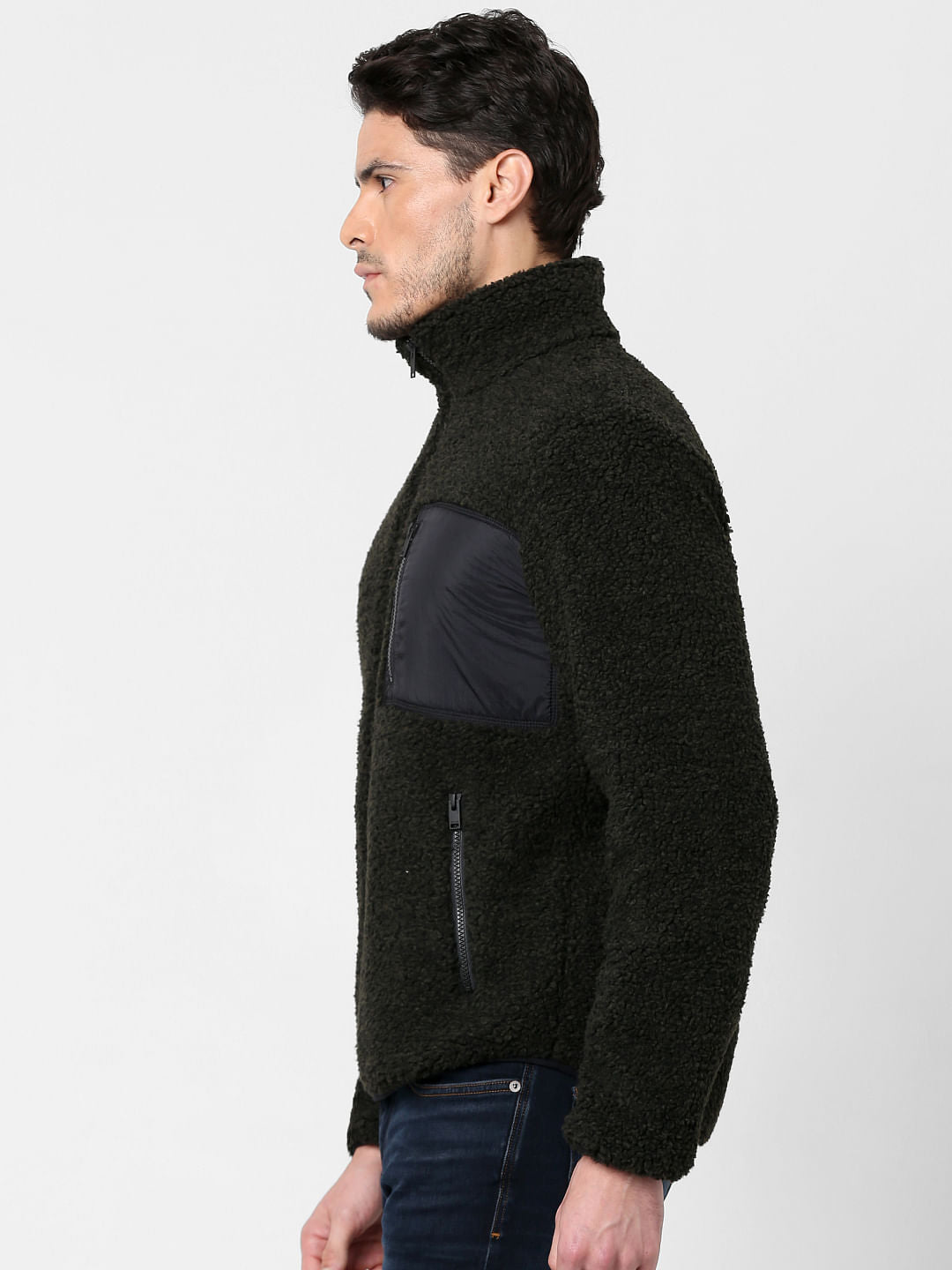 Dark Green High Neck Teddy Jacket