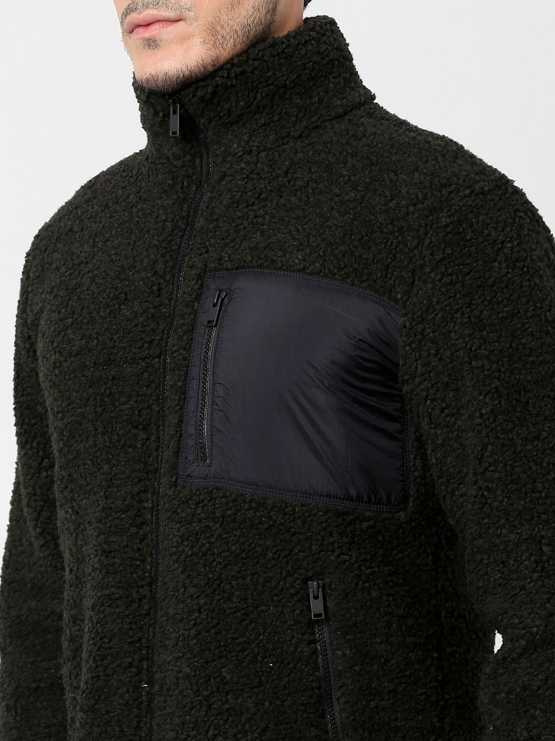 Dark Green High Neck Teddy Jacket