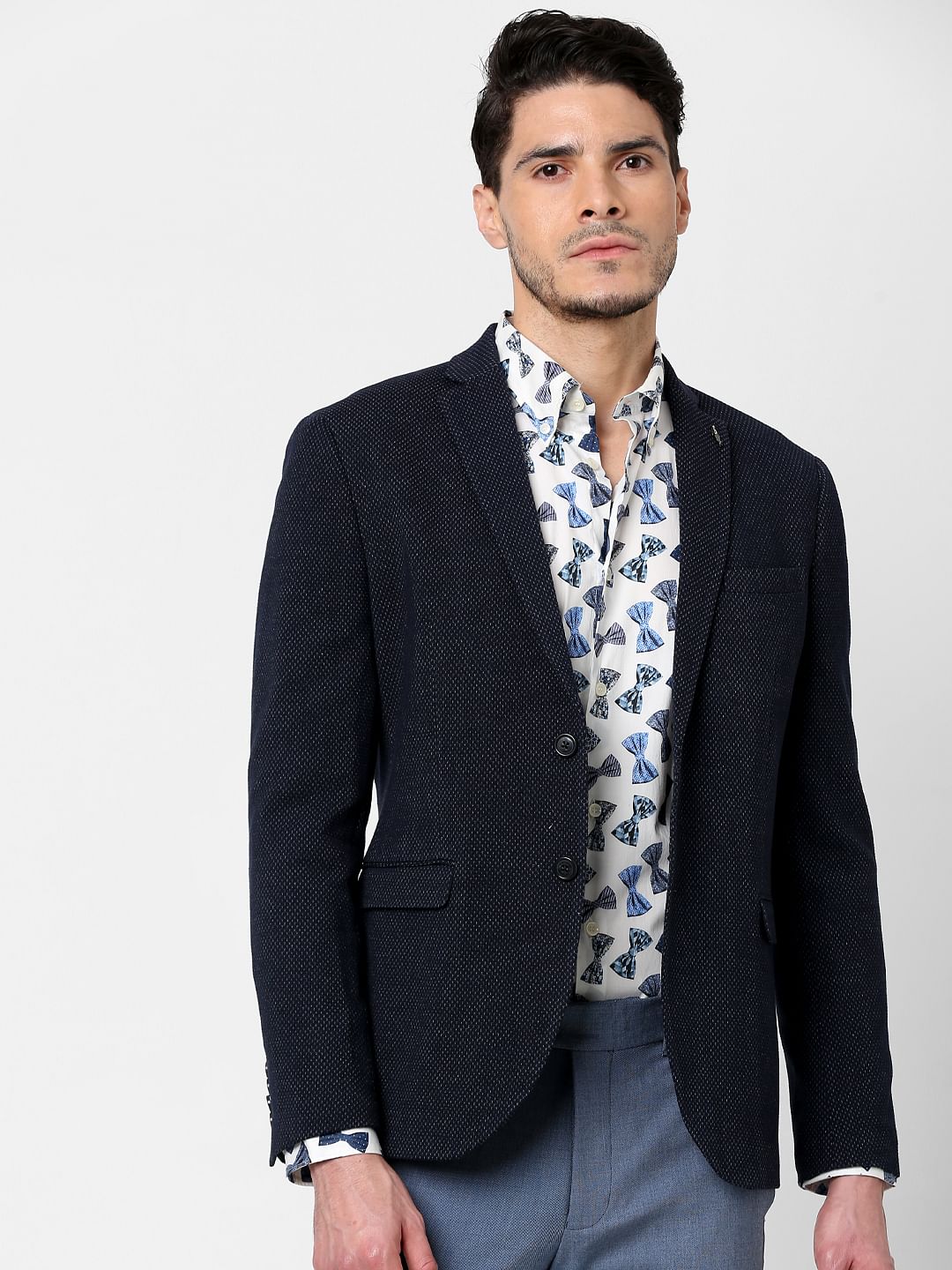 Navy Blue Self-Design Blazer