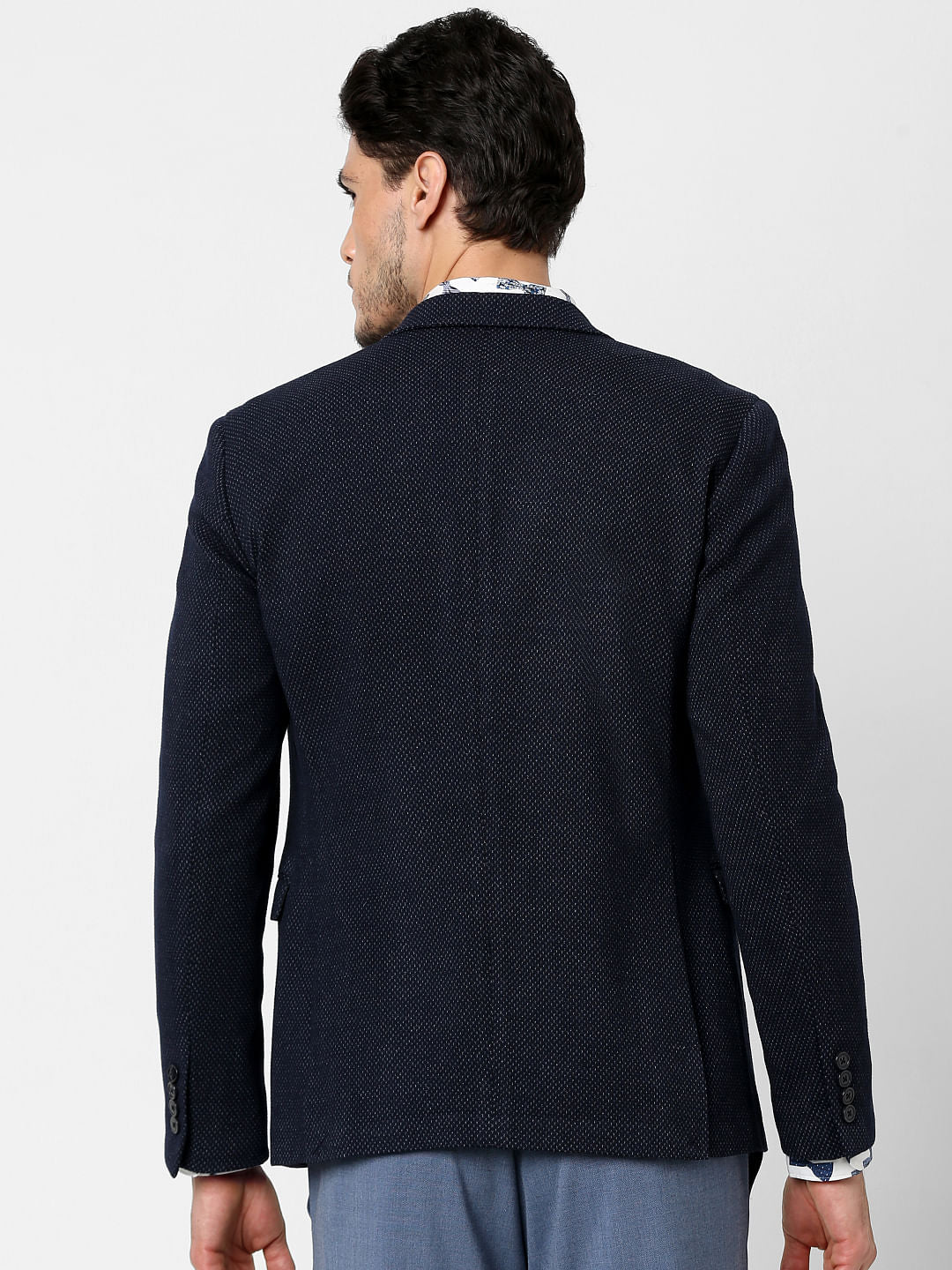 Navy Blue Self-Design Blazer
