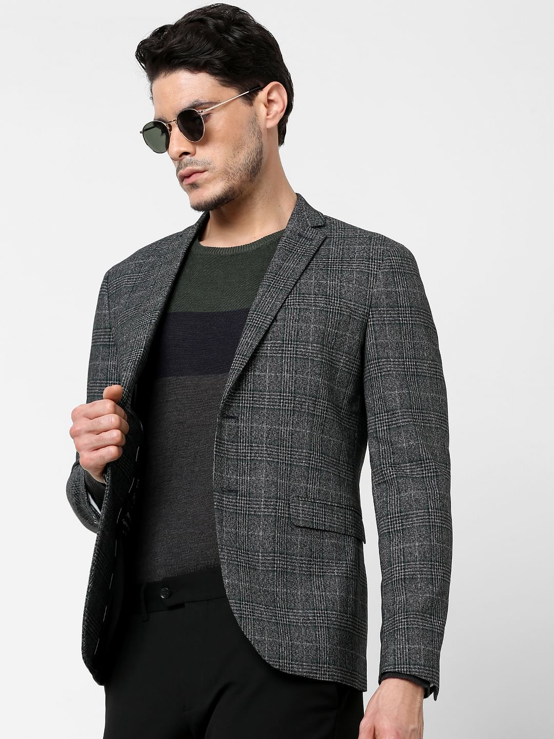 Grey Check Print Blazer