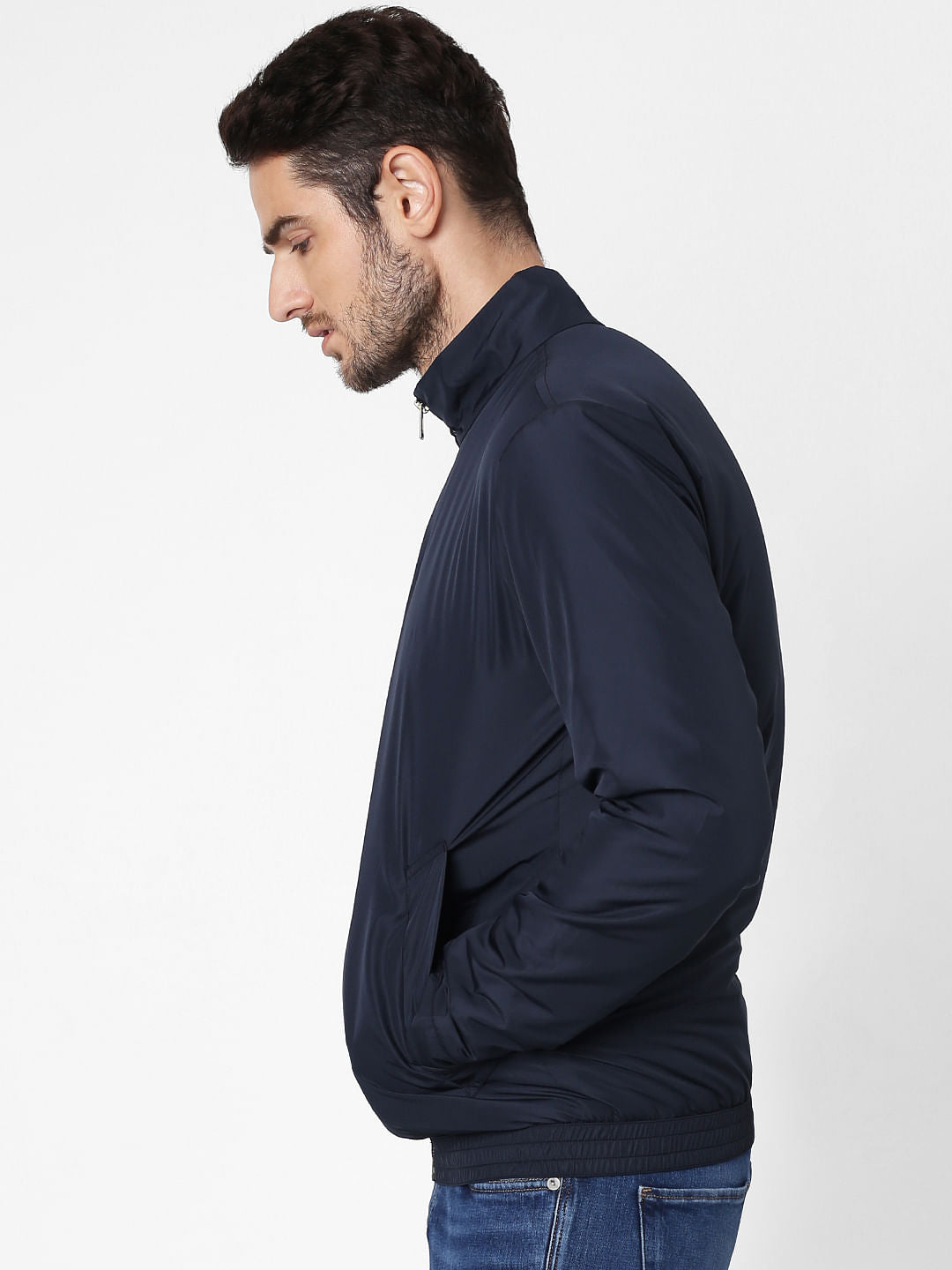 Navy Blue High Neck Casual Jacket