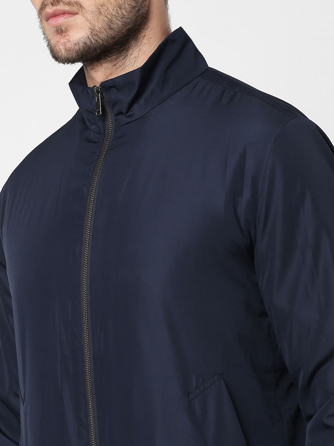 Navy Blue High Neck Casual Jacket