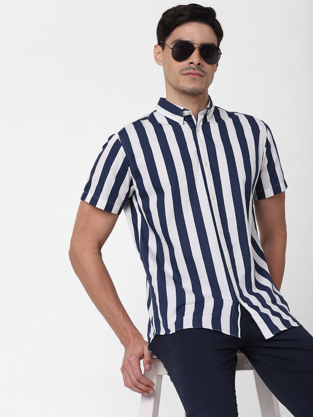 Dark Blue Striped Short Sleeves Shirt