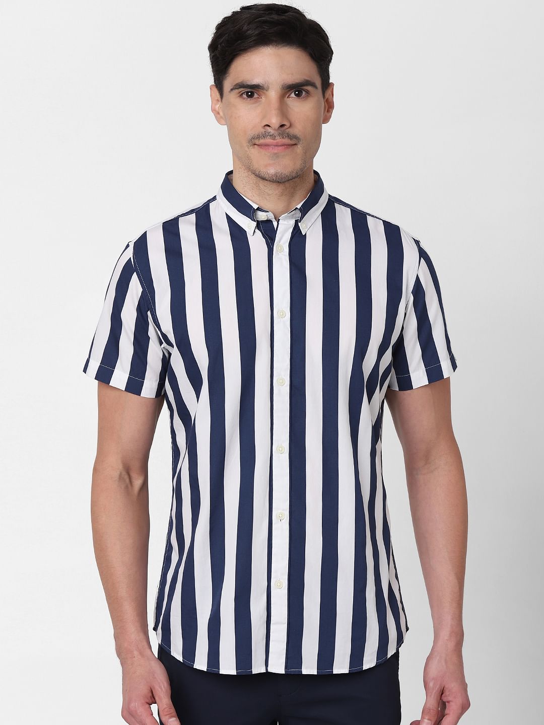 Dark Blue Striped Short Sleeves Shirt