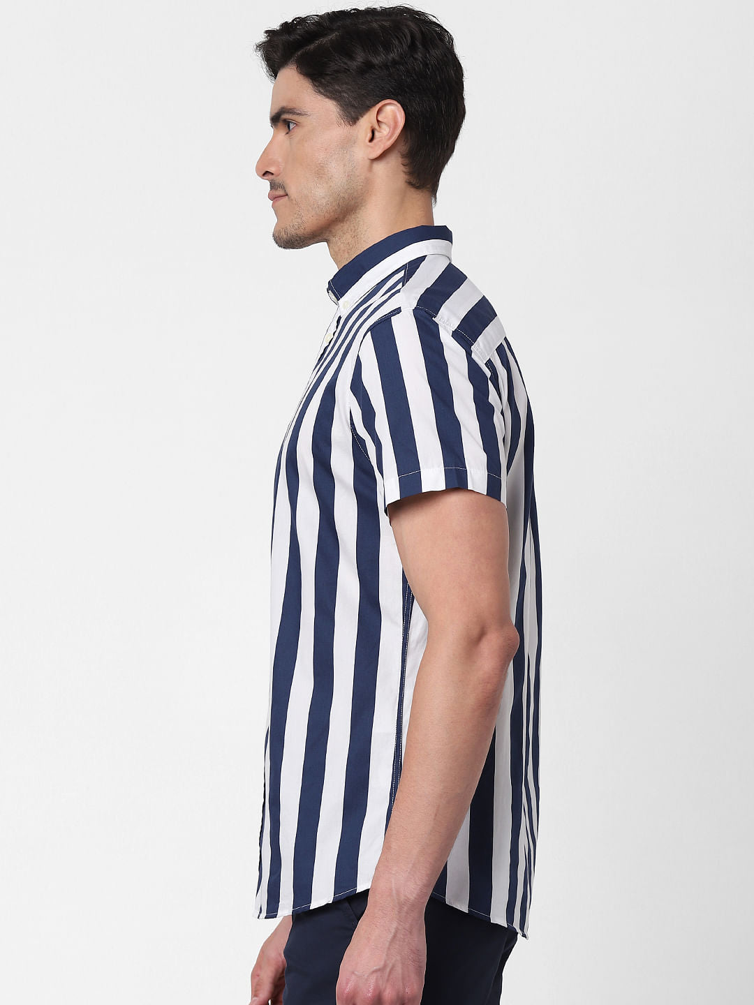 Dark Blue Striped Short Sleeves Shirt