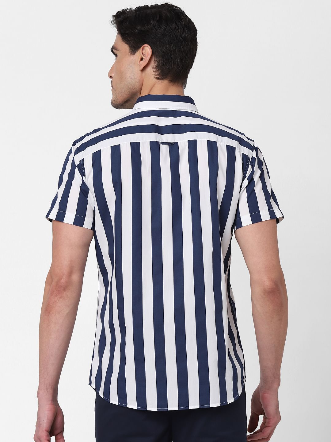 Dark Blue Striped Short Sleeves Shirt