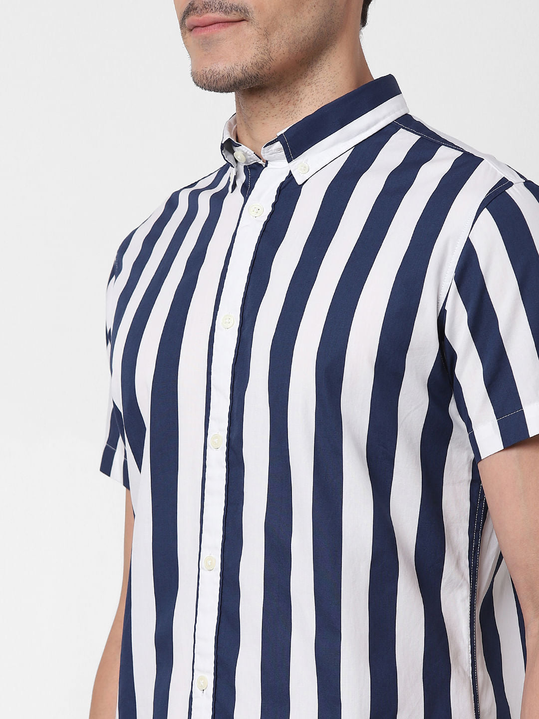 Dark Blue Striped Short Sleeves Shirt