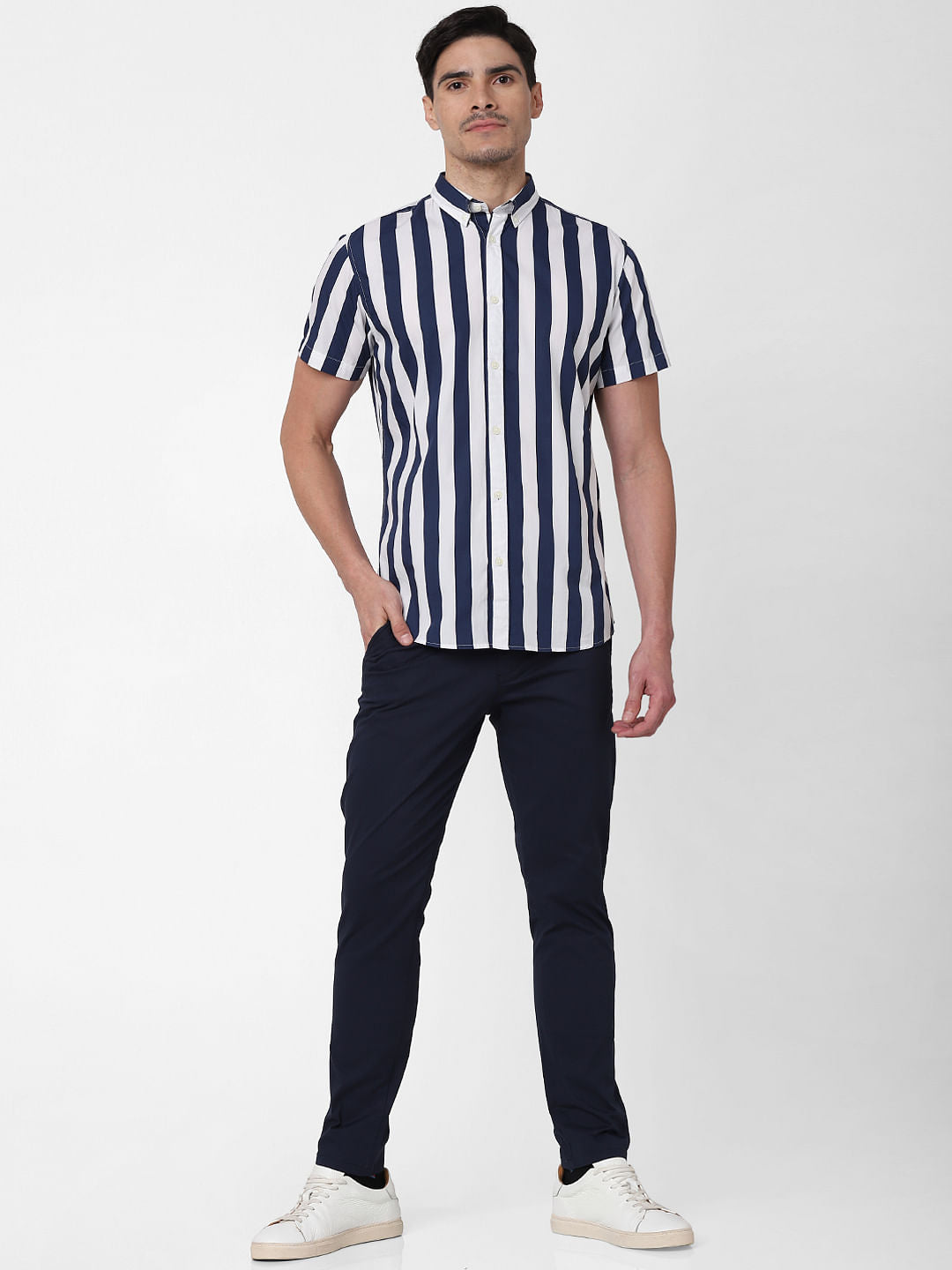 Dark Blue Striped Short Sleeves Shirt