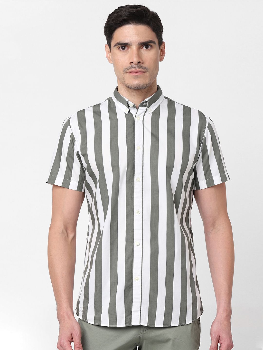 Light Grey Striped Short Sleeves Shirt
