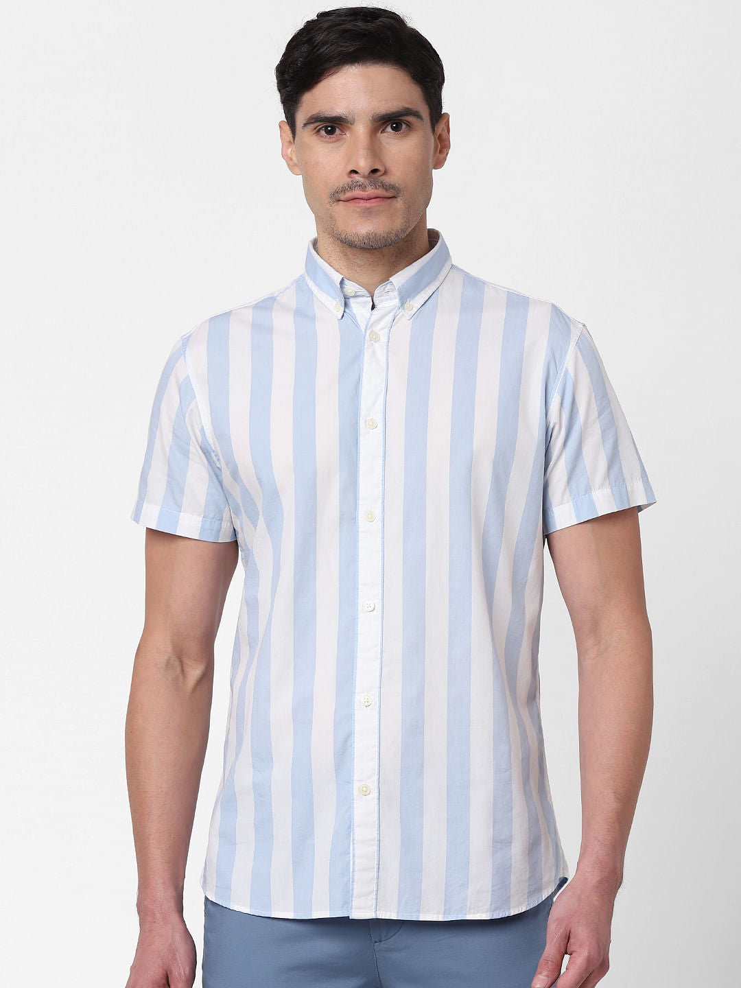 Light Blue Striped Short Sleeves Shirt