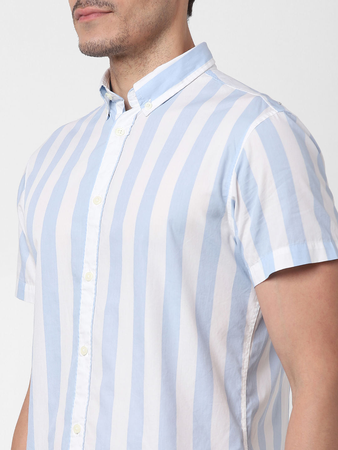 Light Blue Striped Short Sleeves Shirt
