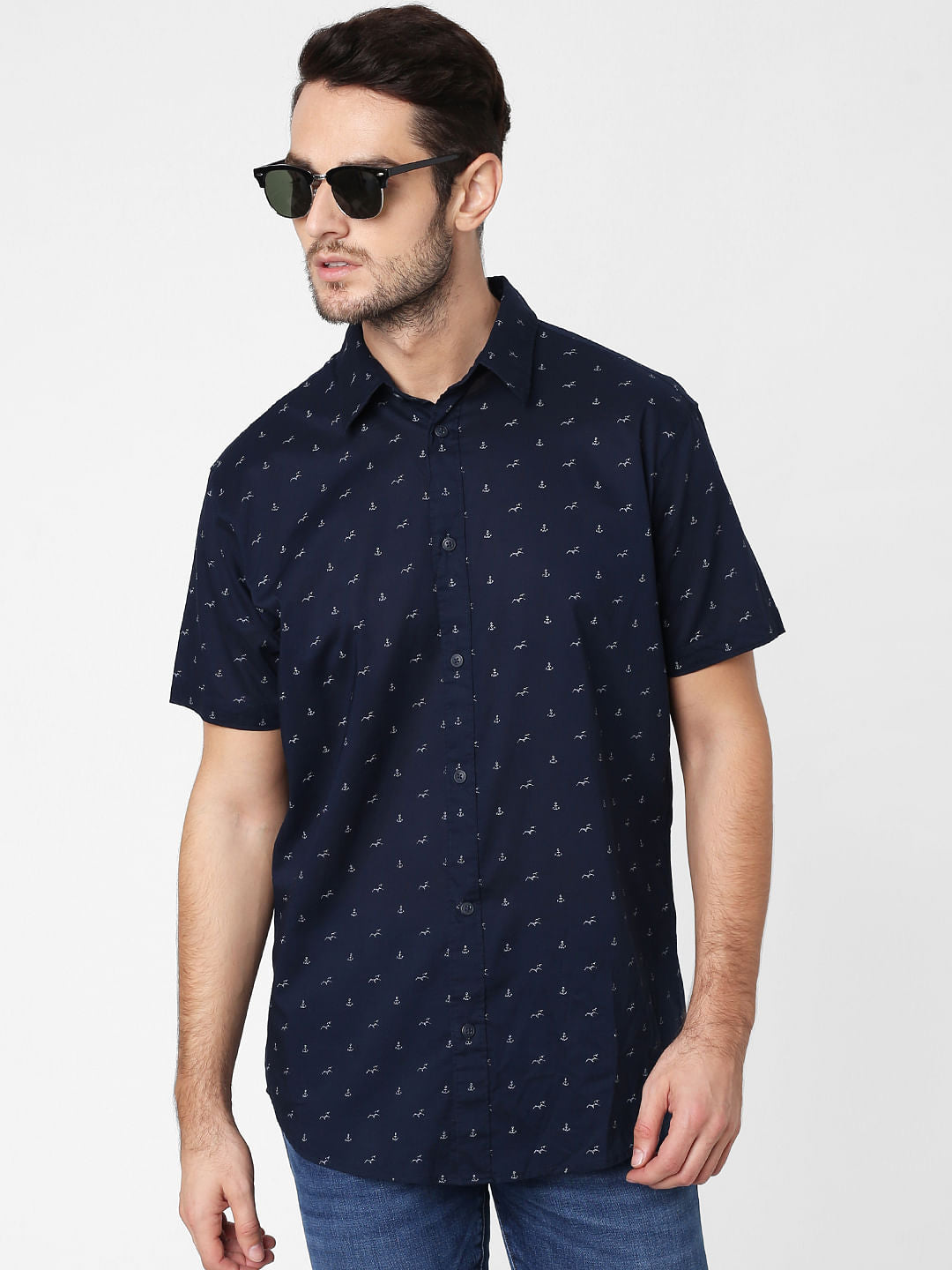 Navy Blue All Over Print Short Sleeves Shirt