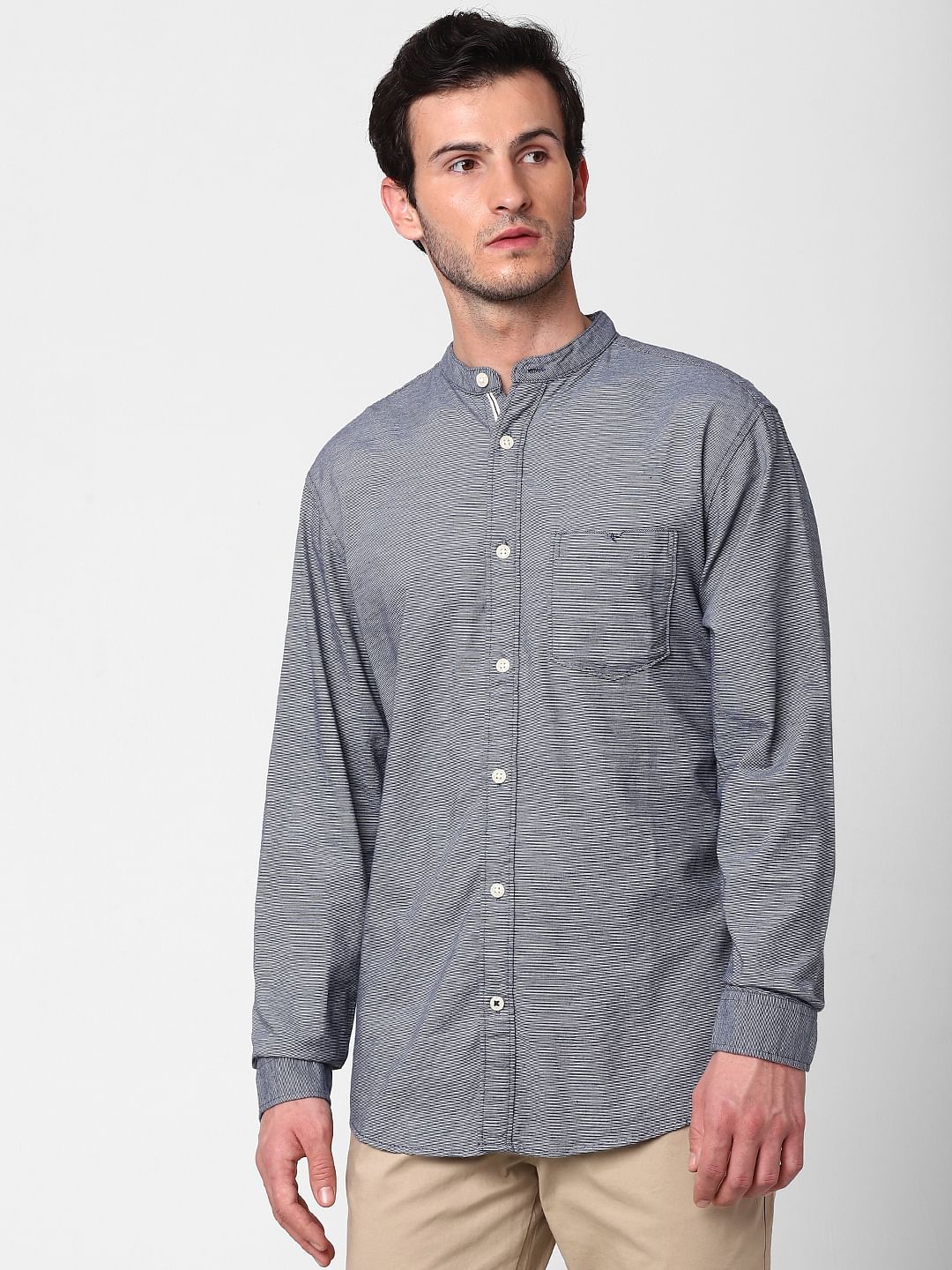 Blue Self Design Full Sleeves Shirt