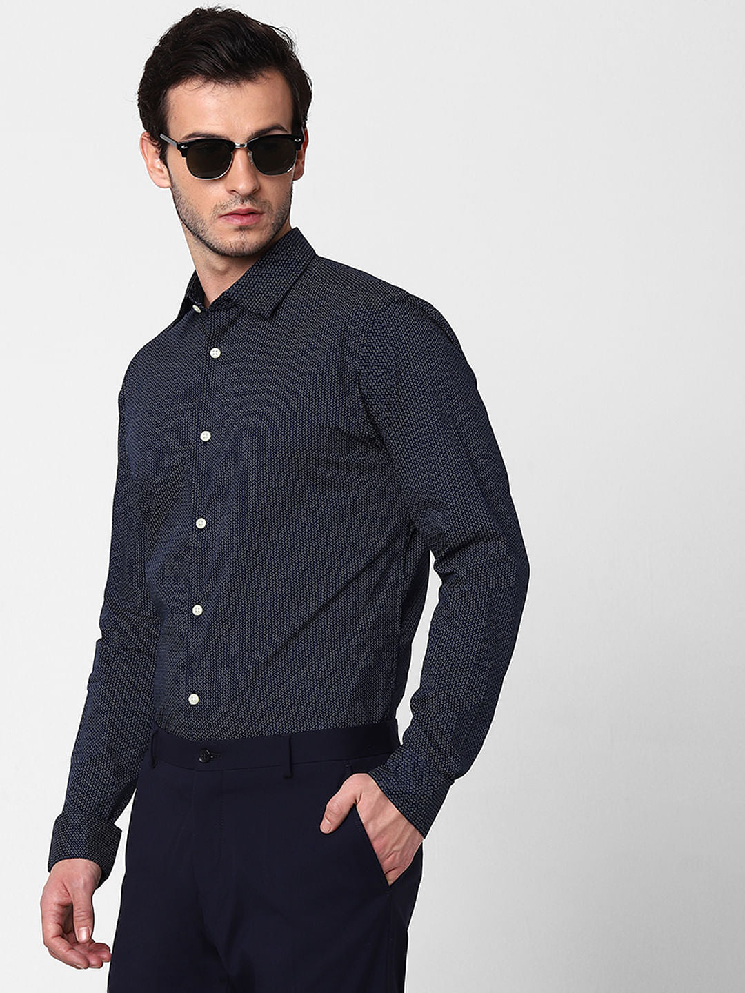 Dark Blue Self Design Full Sleeves Shirt