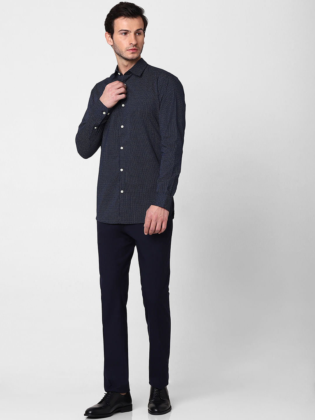 Dark Blue Self Design Full Sleeves Shirt