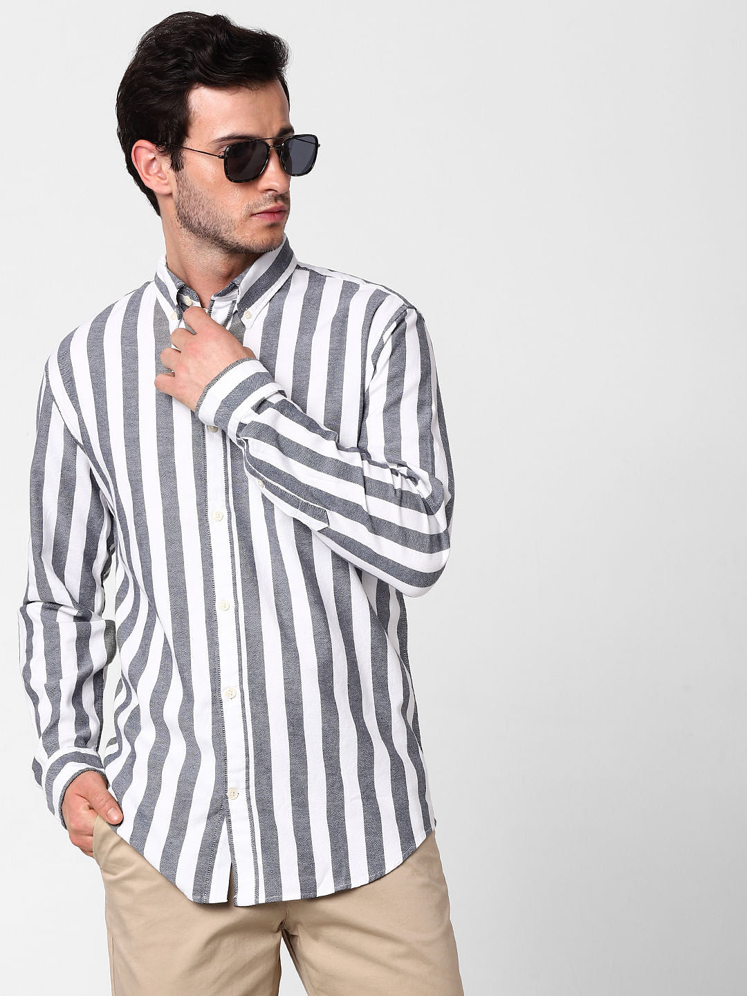 Grey Striped Full Sleeves Shirt