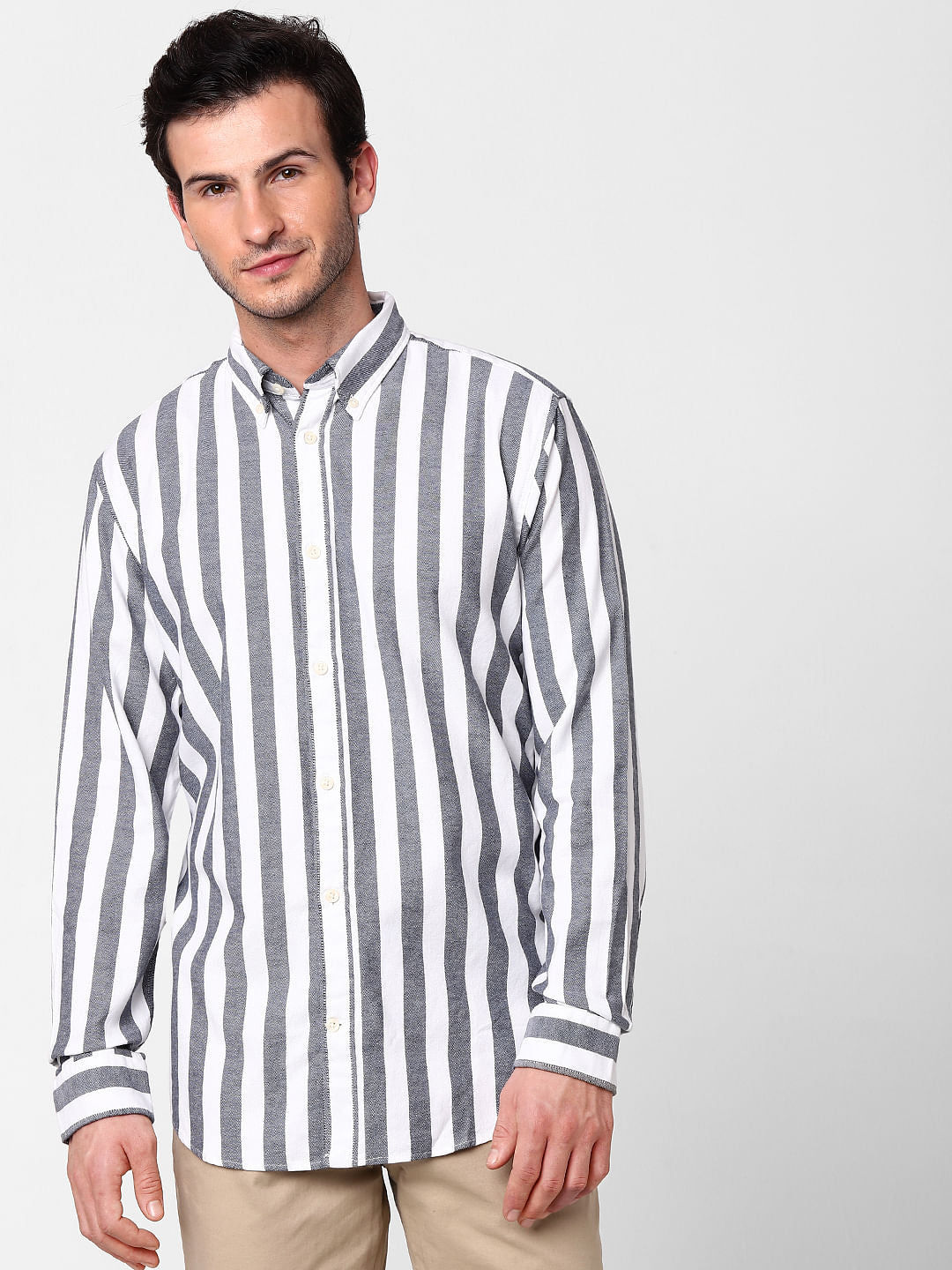 Grey Striped Full Sleeves Shirt