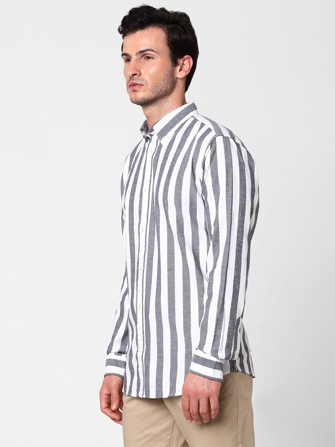 Grey Striped Full Sleeves Shirt