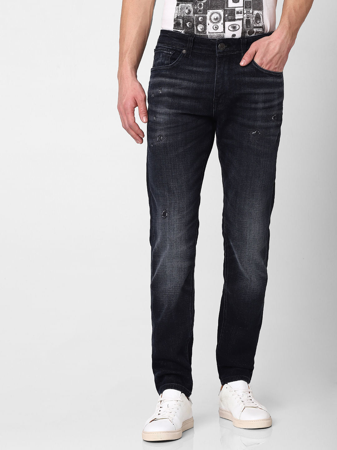 Black Leon Mid Rise Slim Fit Distressed Jeans