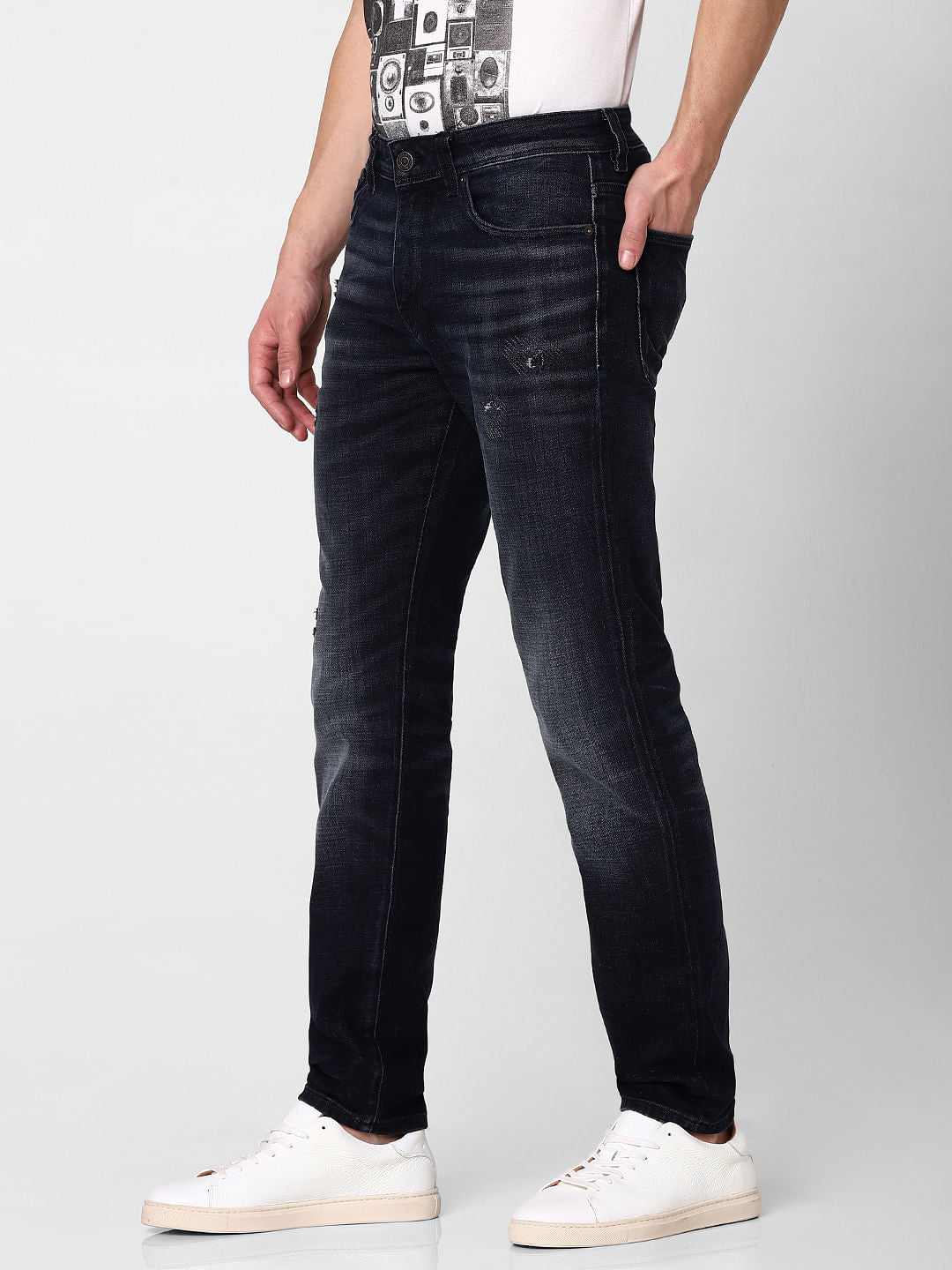 Black Leon Mid Rise Slim Fit Distressed Jeans