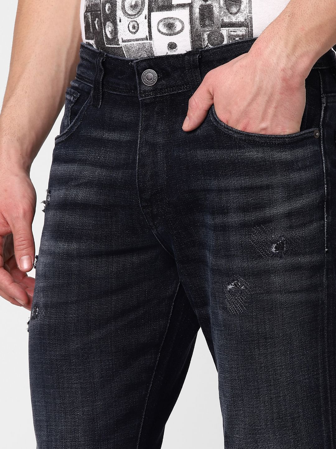 Black Leon Mid Rise Slim Fit Distressed Jeans