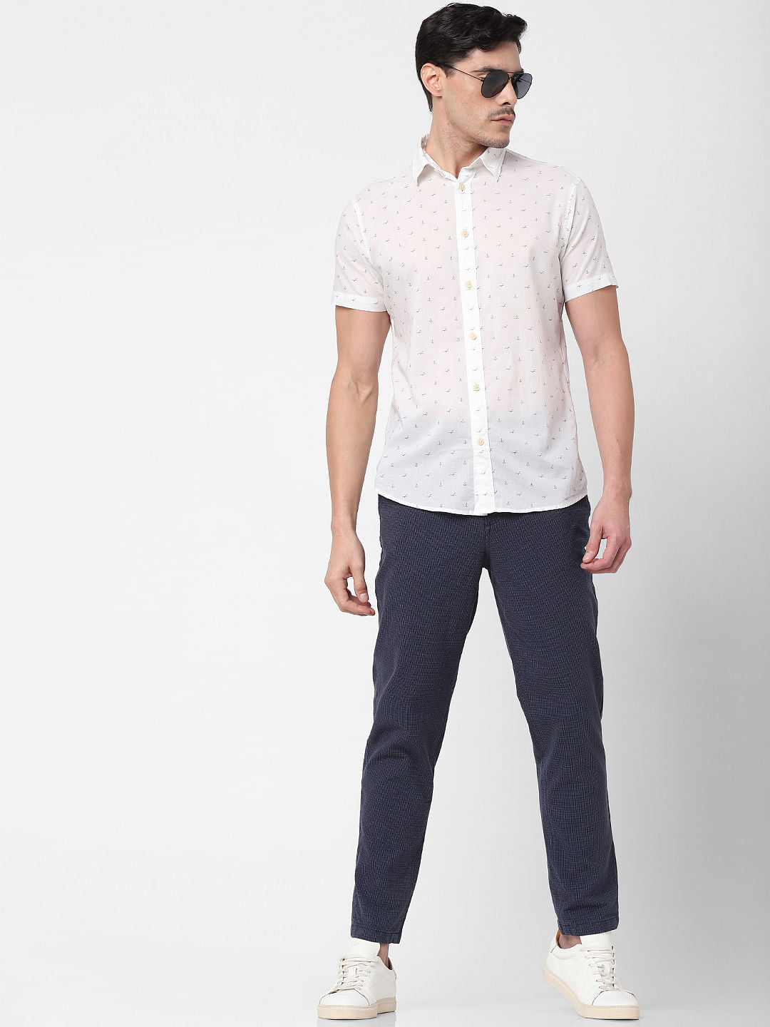 Blue Mid Rise Plaid Slim Fit Pants