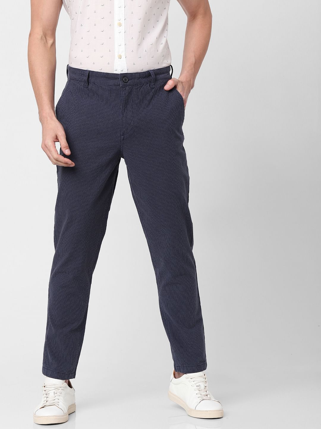 Blue Mid Rise Plaid Slim Fit Pants