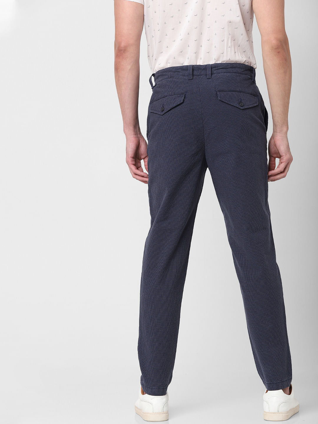 Blue Mid Rise Plaid Slim Fit Pants