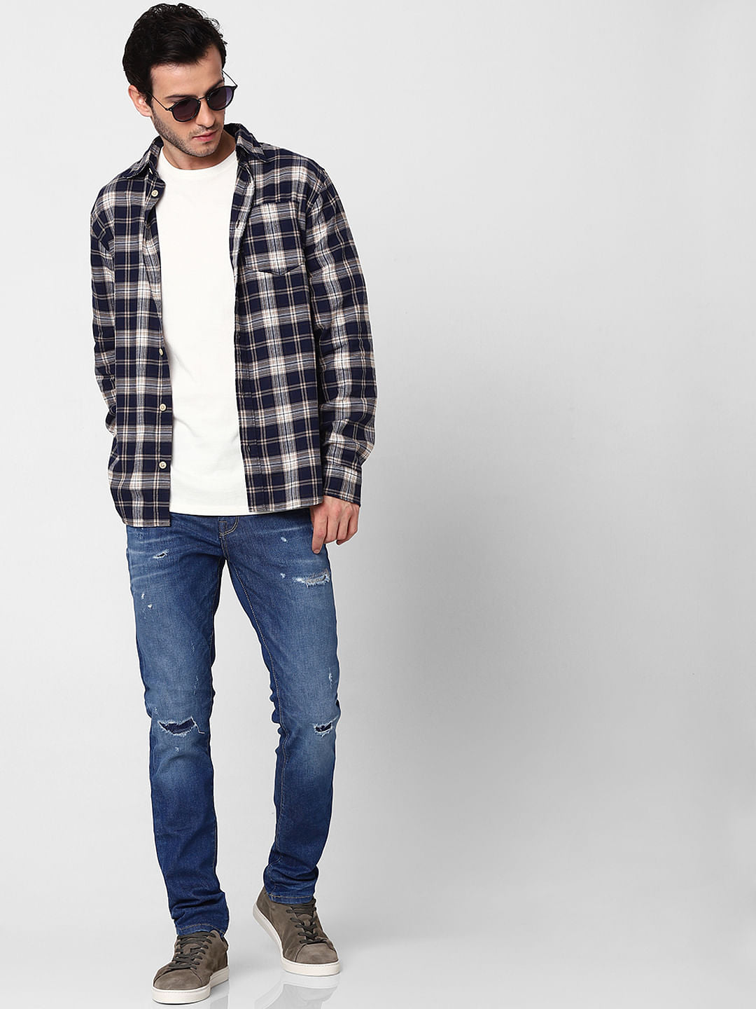Navy Blue Check Full Sleeves Shirt